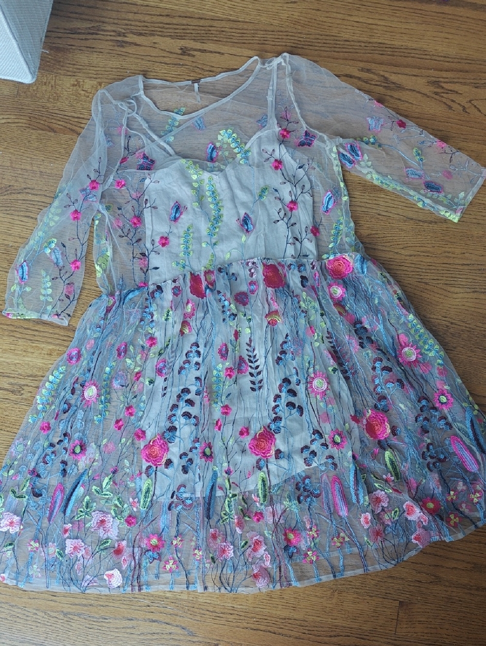 Free People Sheer Embroidered Midi Dress in Pink and Blue